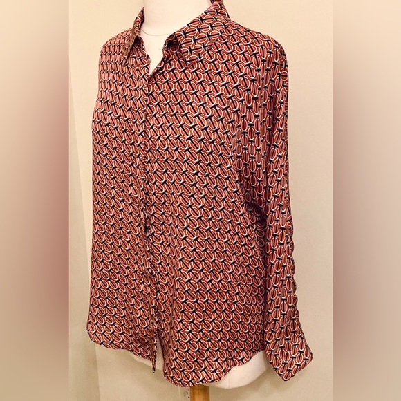Express Rust Orange Black Geometric Print Collared Long Sleeve Button Down Top L - Picture 5 of 9